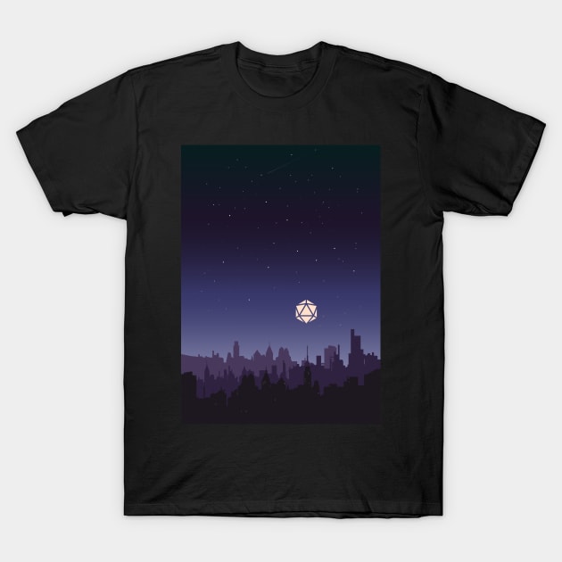 Midnight Starry Night D20 Dice Over City Tabletop RPG Cityscape T-Shirt by pixeptional